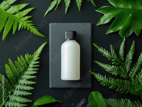 A minimalist white bottle positioned on a dark slate background, surrounded by lush green ferns, perfect for natural product displays.