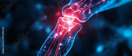 Illustration of a human joint showcasing pain relief and healing with vibrant colors representing biological processes.