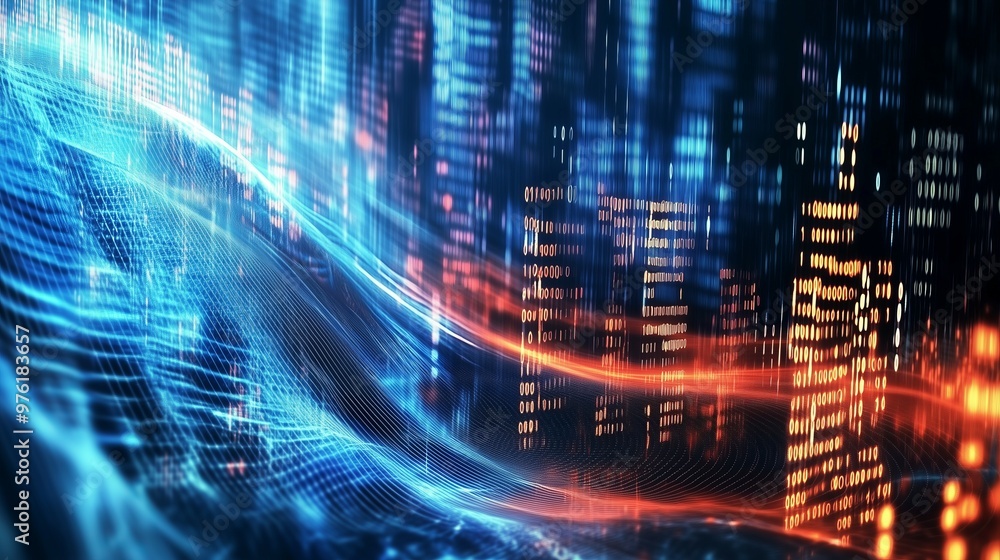 Flussi digitali in movimento connessi da una rete blu, verde e rossa che simboleggia l'innovazione e la complessità del mondo cibernetico e virtuale. Flussi digitali in movimento connessi da una rete blu, verde e rossa che simboleggia l'innovazione e la complessità del mondo cibernetico e virtuale.