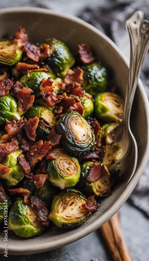 A bowl of roasted Brussels sprouts garnished with crispy bacon bits.
A bowl of roasted Brussels sprouts garnished with crispy bacon bits.