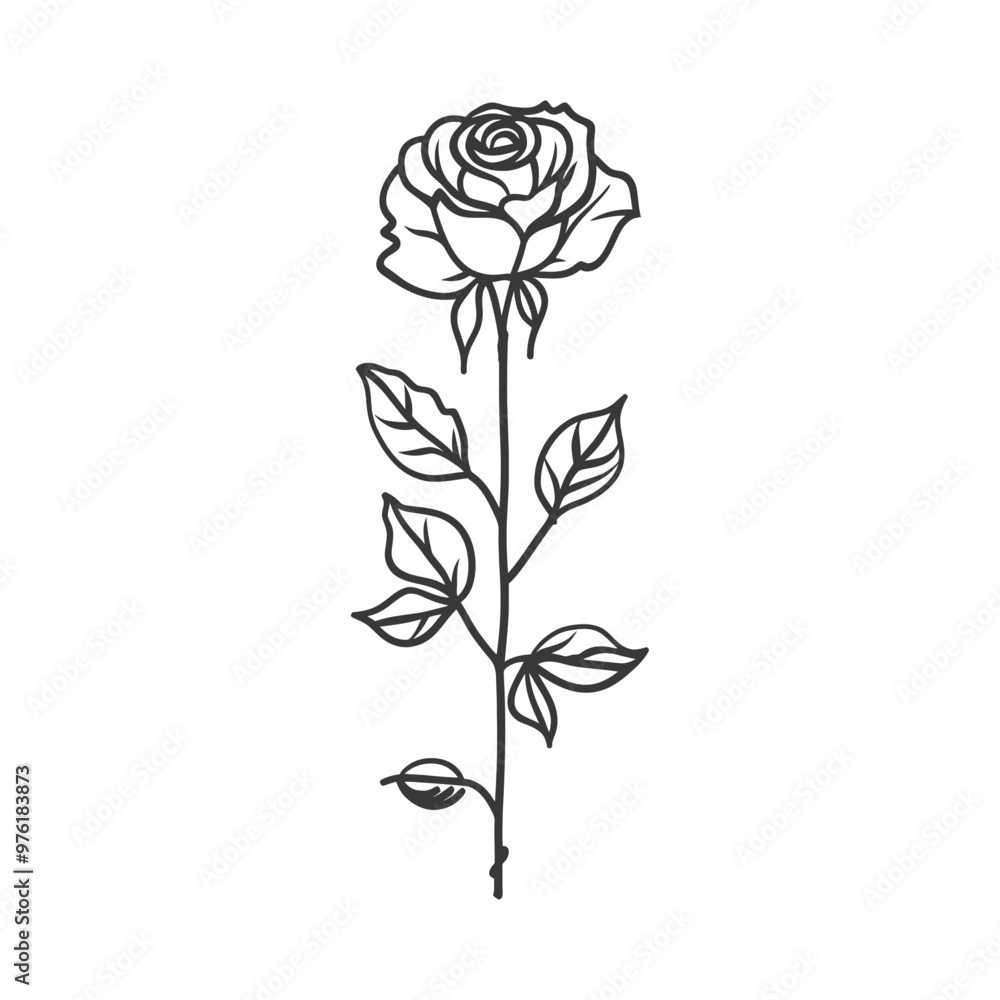 A Single Rose with Stem and Leaves in Black and White A Single Rose with Stem and Leaves in Black and White