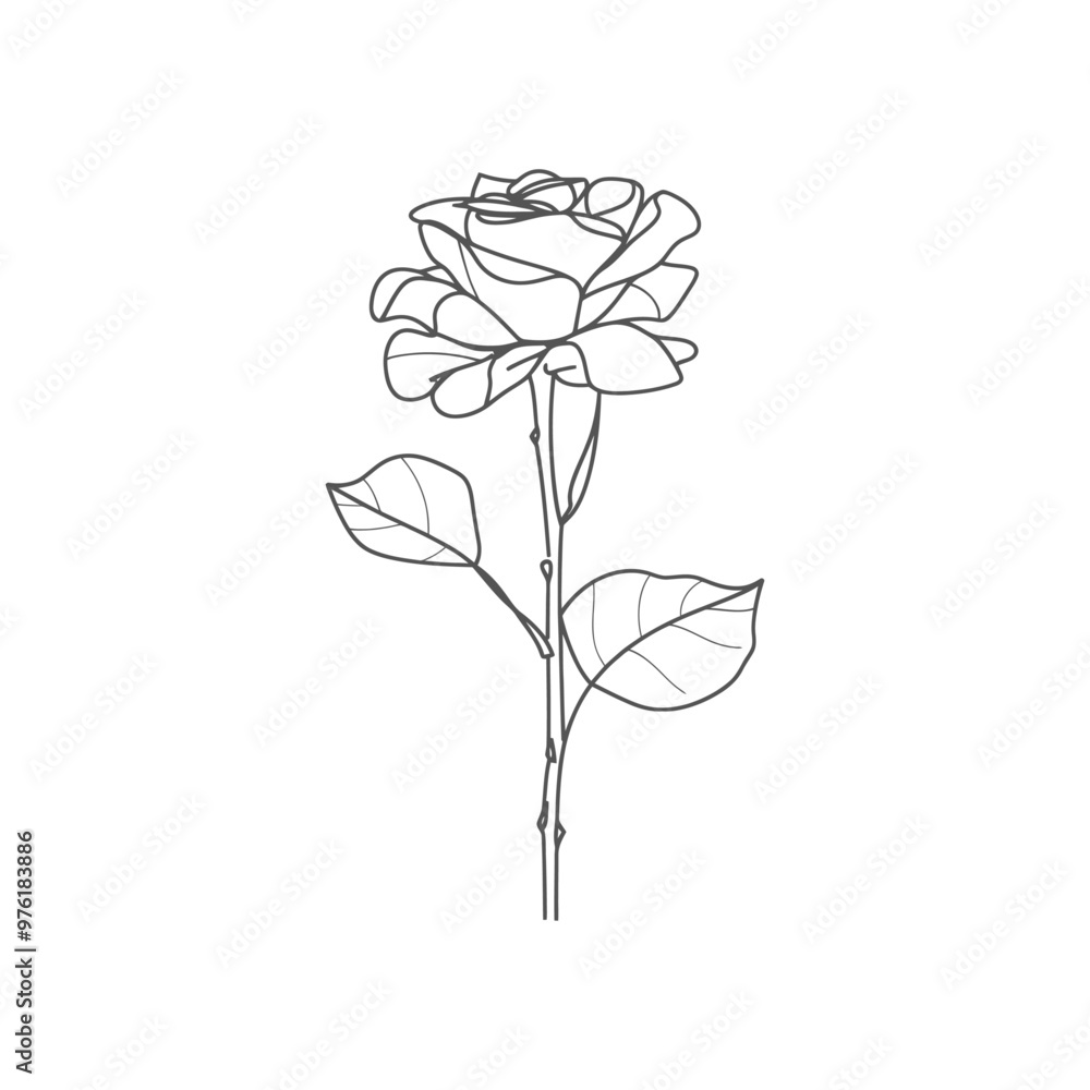 Obraz premium A Single Rose with Stem and Leaves in Outline Style