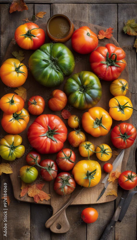 A vibrant assortment of tomatoes of various sizes and colors, neatly arranged on a wooden surface, surrounded by autumn leaves and accompanied by a bowl of sauce and a wooden spoon.
A vibrant assortment of tomatoes of various sizes and colors, neatly arranged on a wooden surface, surrounded by autumn leaves and accompanied by a bowl of sauce and a wooden spoon.