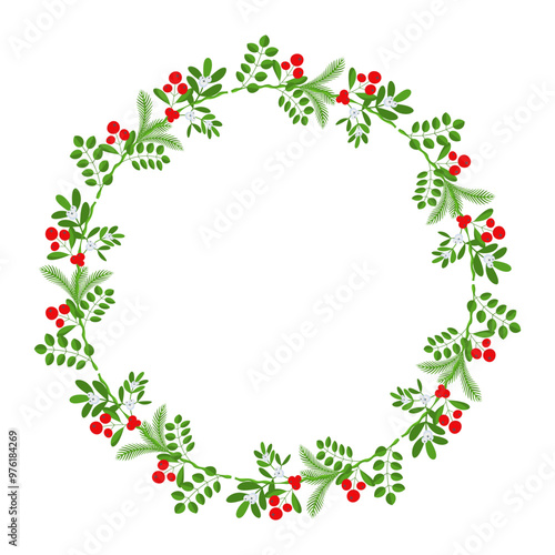 Christmas round floral wreath frame. Winter holiday decoration