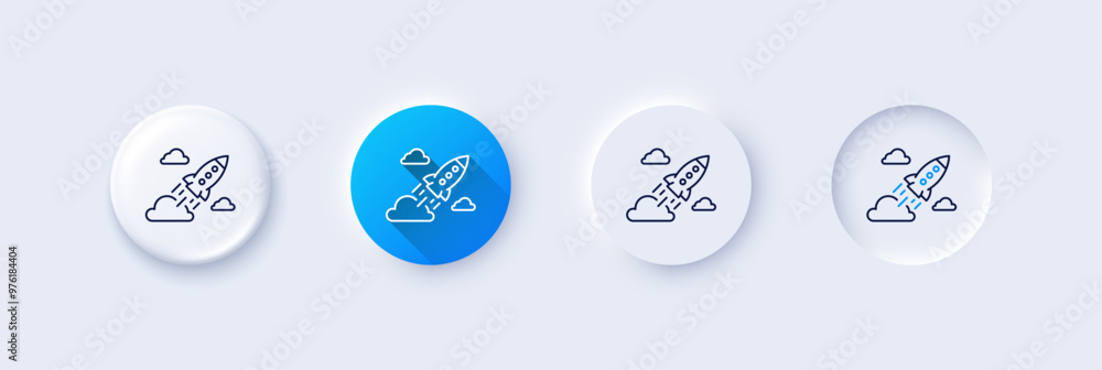 Startup rocket line icon. Neumorphic, Blue gradient, 3d pin buttons. Launch Project sign. Innovation symbol. Line icons. Neumorphic buttons with outline signs. Vector Startup rocket line icon. Neumorphic, Blue gradient, 3d pin buttons. Launch Project sign. Innovation symbol. Line icons. Neumorphic buttons with outline signs. Vector