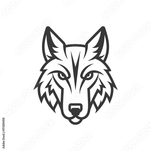 A stylized black and white illustration of a wolfs head photo