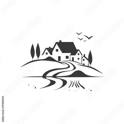 A stylized black and white illustration of a village nestled in rolling hills with a winding road