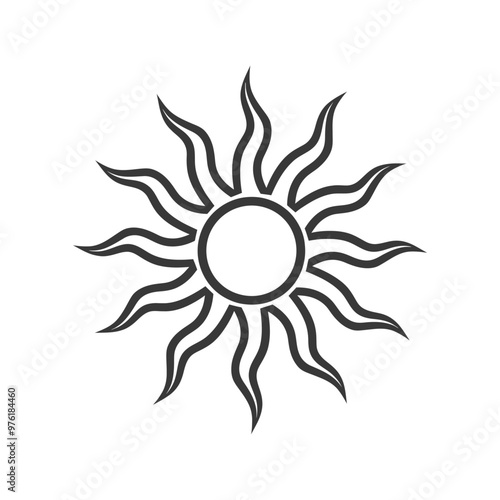 A stylized black and white sun with wavy rays