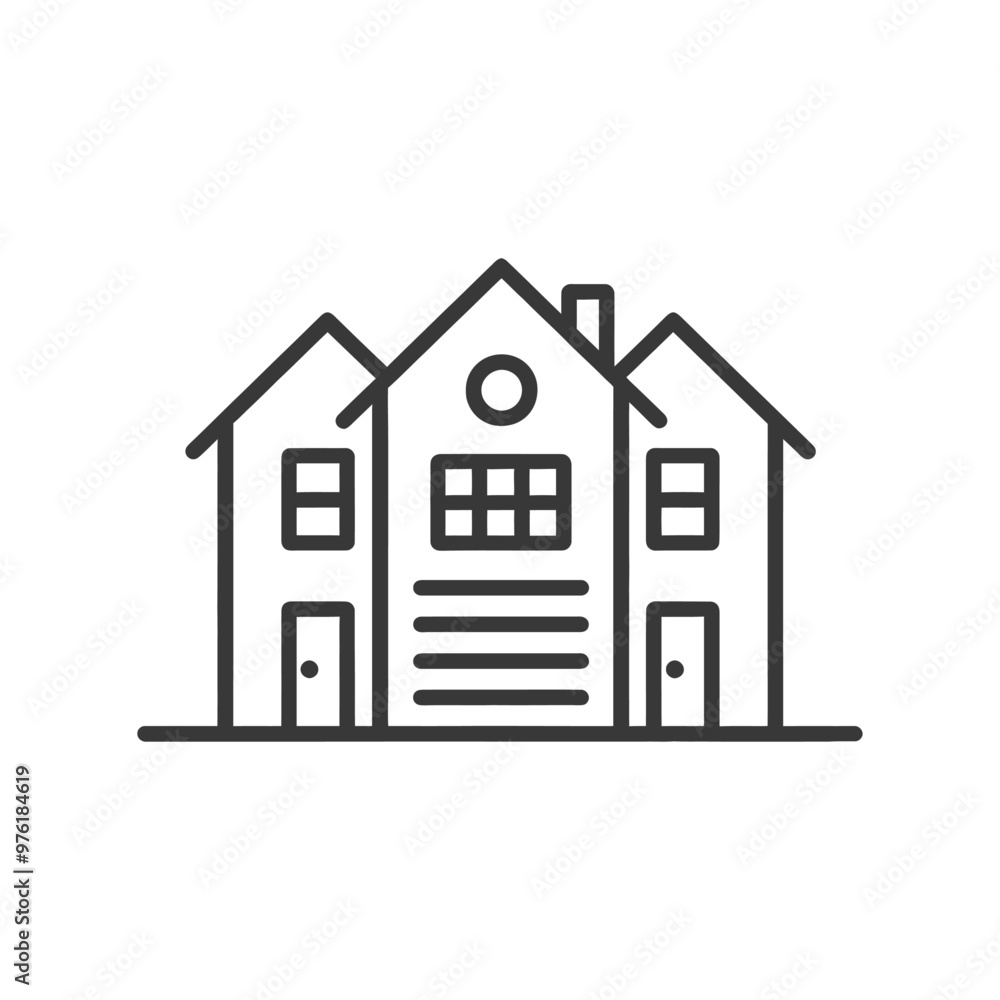 Line art illustration of a three story house with windows and doors Line art illustration of a three story house with windows and doors
