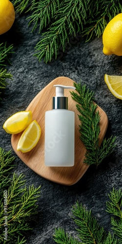 Elegant cosmetic bottle surrounded by fresh lemons and greenery, perfect for beauty and skincare product presentation.