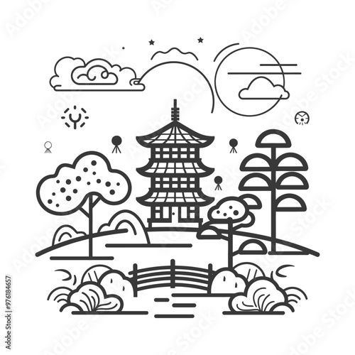 Line Art Illustration of a Traditional Japanese Pagoda in a Garden Setting