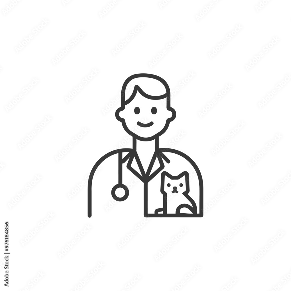 Line Art Illustration of a Veterinarian with a Cat Line Art Illustration of a Veterinarian with a Cat