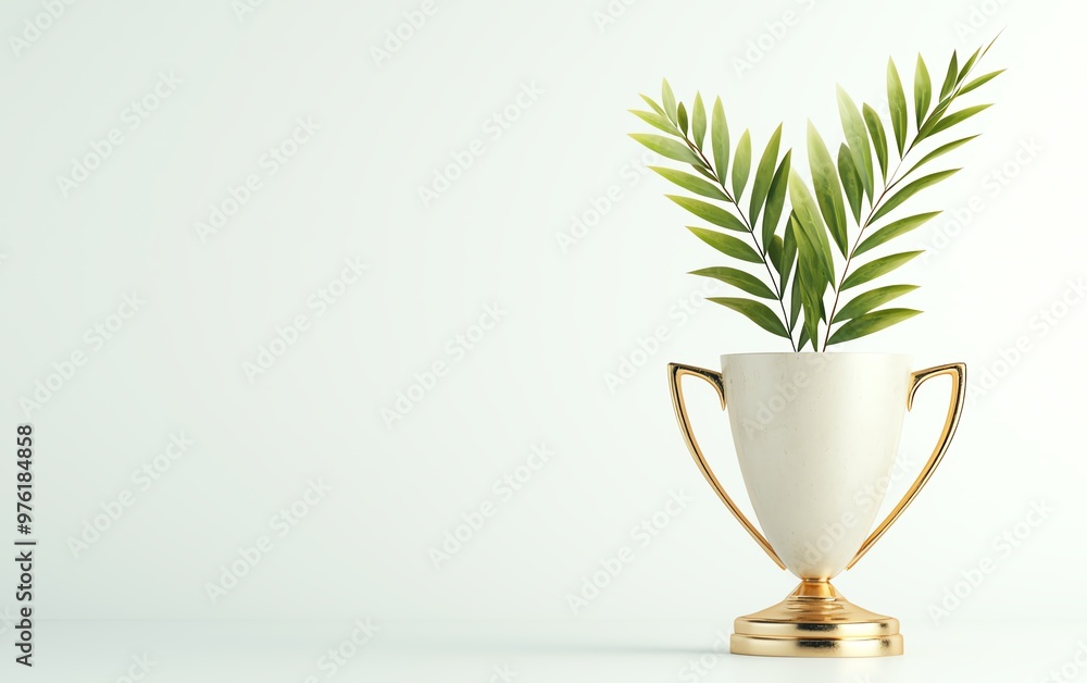 3D Stylish trophy vase with fresh green leaves, perfect for home decor and modern aesthetics in minimalistic environments. 3D Stylish trophy vase with fresh green leaves, perfect for home decor and modern aesthetics in minimalistic environments.