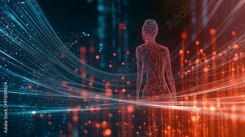 Silhouette digitale in una rete di dati fluttuante, rappresentazione visiva del flusso di informazioni e connessione tra umanità e tecnologia avanzata. Rappresenta l'intelligenza artificiale