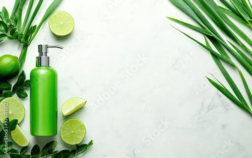 Refreshing green bottle with lime slices and fresh leaves on marble background for natural skincare or wellness concepts.