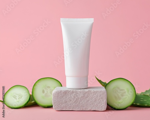 Skin care product displayed with cucumber slices on a pink background, ideal for promoting freshness and natural beauty.
