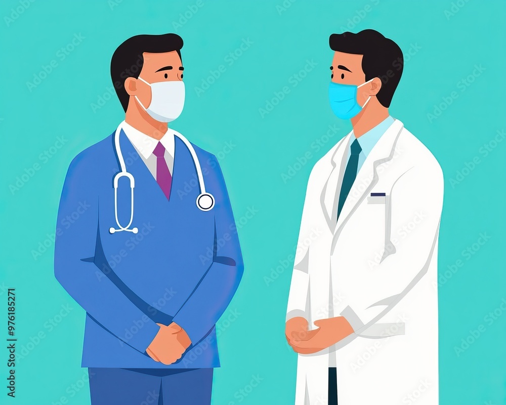 Two healthcare professionals in masks discuss medical topics, promoting health awareness and safety in a clinical setting. Two healthcare professionals in masks discuss medical topics, promoting health awareness and safety in a clinical setting.
