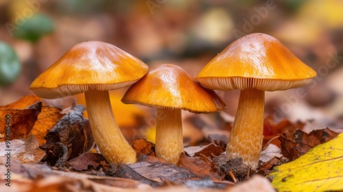 Bright orange mushrooms stand out against a backdrop of yellow and brown leaves in a serene forest setting, showcasing the beauty of nature during autumn