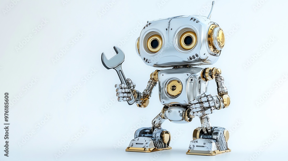 Naklejka premium A silver robot holds a wrench on a white background.