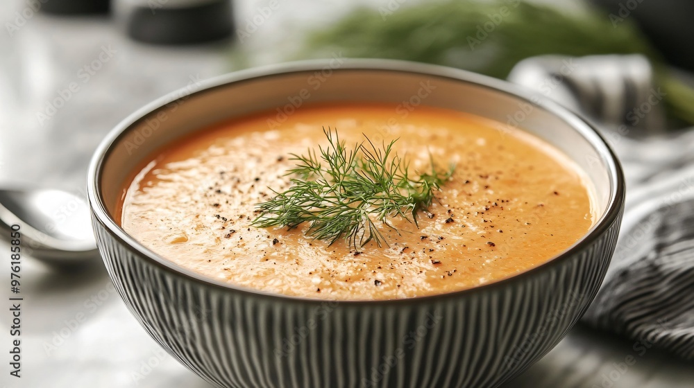 A bowl of crab bisque garnished with fresh dill, resting on a sleek granite countertop in a high-end modern kitchen A bowl of crab bisque garnished with fresh dill, resting on a sleek granite countertop in a high-end modern kitchen