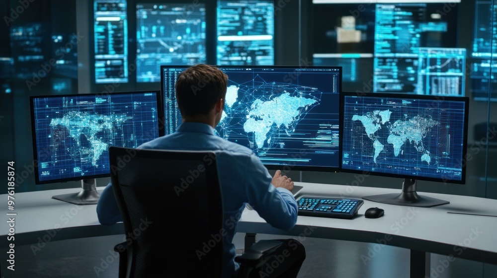 A professional is focused on analyzing global data trends, seated at a control center surrounded by numerous monitors that show maps and real-time statistics in a modern setting A professional is focused on analyzing global data trends, seated at a control center surrounded by numerous monitors that show maps and real-time statistics in a modern setting