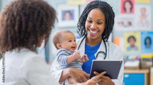 A healthcare worker holds a tablet while engaging with a joyful baby in a colorful clinic. The warm atmosphere highlights the importance of nurturing pediatric care