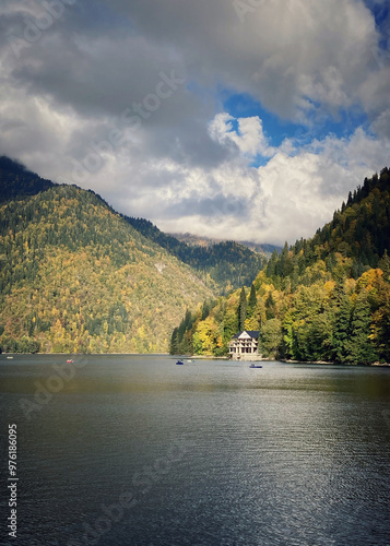 lake in the mountains. Lake Ritza, Abkhazia