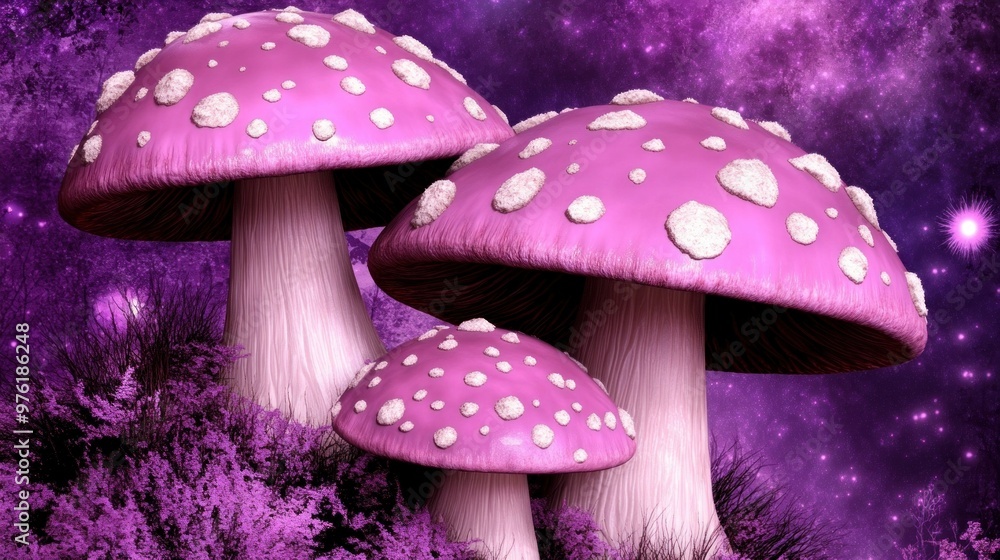Obraz premium Three large pink mushrooms with white spots are prominently featured, surrounded by vibrant foliage in a magical, starry night environment, creating an enchanting atmosphere