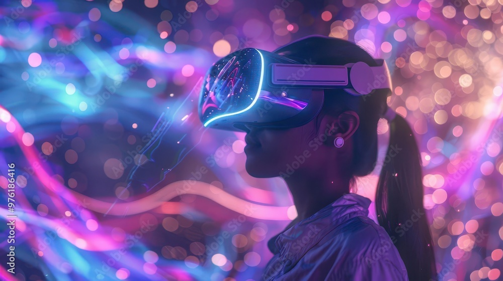 young woman in neonlit virtual reality landscape reflective vr headset swirling digital particles expression of wonder cyberpunk aesthetic vibrant colors young woman in neonlit virtual reality landscape reflective vr headset swirling digital particles expression of wonder cyberpunk aesthetic vibrant colors
