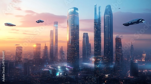 Futuristic city skyline with flying cars at sunset.