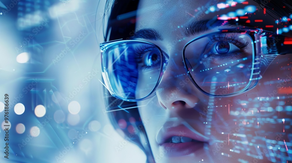young woman wearing eyeglasses immersed in browsing a futuristic digital world concept illustration young woman wearing eyeglasses immersed in browsing a futuristic digital world concept illustration