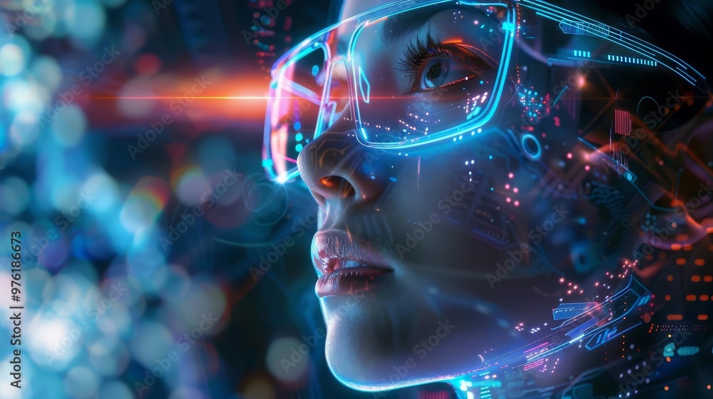 young woman wearing eyeglasses immersed in browsing a futuristic digital world concept illustration young woman wearing eyeglasses immersed in browsing a futuristic digital world concept illustration