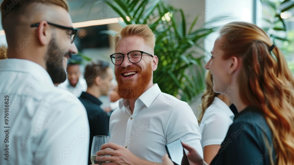 Fototapeta premium Group of professionals sharing laughter and drinks during a networking event in a contemporary office setting filled with greenery. The atmosphere is warm and friendly