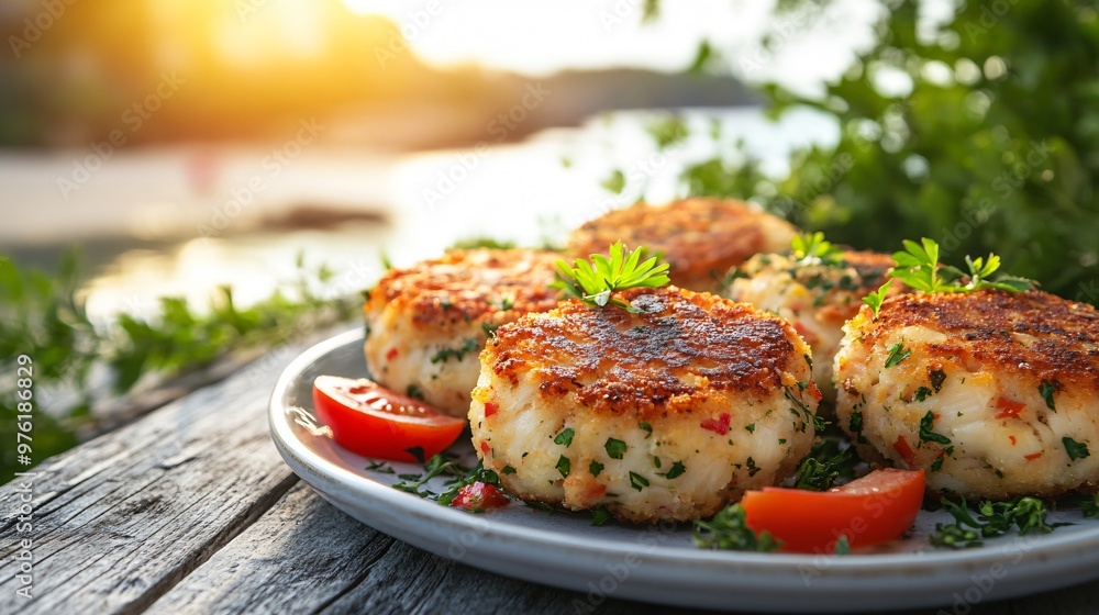 A gourmet plate of crab cakes garnished with fresh herbs, served on a rustic wooden table with a beach sunset in the background A gourmet plate of crab cakes garnished with fresh herbs, served on a rustic wooden table with a beach sunset in the background