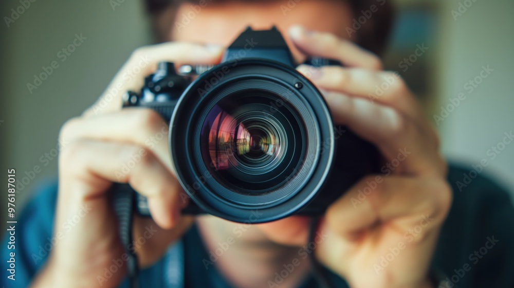 A photographer aims their camera lens directly at the viewer, highlighting their dedication to capturing unique moments indoors A photographer aims their camera lens directly at the viewer, highlighting their dedication to capturing unique moments indoors