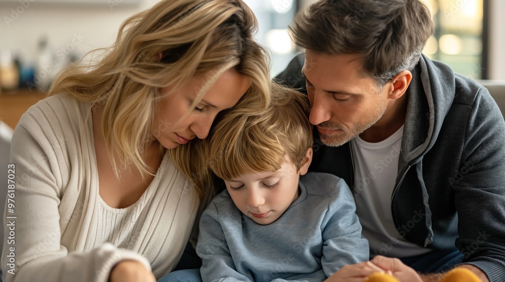 Parents comforting a child after a bullying incident, expressions of love and protection, promoting anti-bullying awareness and child safety, home setting with supportive atmosphere Parents comforting a child after a bullying incident, expressions of love and protection, promoting anti-bullying awareness and child safety, home setting with supportive atmosphere