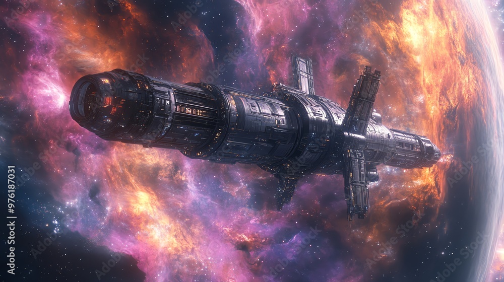 Fototapeta premium A futuristic spaceship flying past a fiery nebula in space.