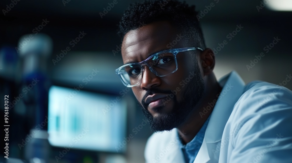 The scientist intently studies digital data on a computer screen, reflecting commitment to advancing knowledge in a modern laboratory equipped with advanced technology The scientist intently studies digital data on a computer screen, reflecting commitment to advancing knowledge in a modern laboratory equipped with advanced technology