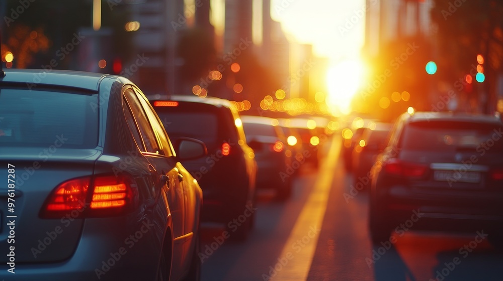 Traffic congestion at sunset with urban skyline in the background Traffic congestion at sunset with urban skyline in the background