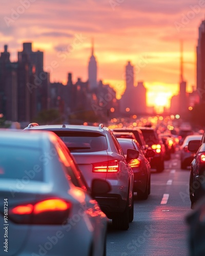 Traffic jam at sunset in a bustling city skyline with beautiful urban views