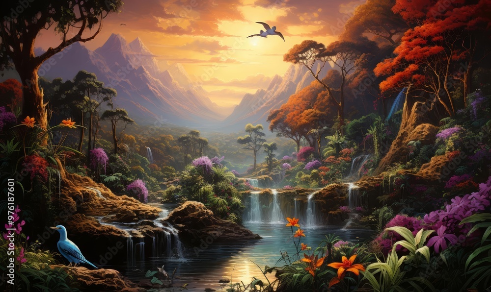 A vibrant illustration of a jungle with a hidden waterfall and exotic birds A vibrant illustration of a jungle with a hidden waterfall and exotic birds