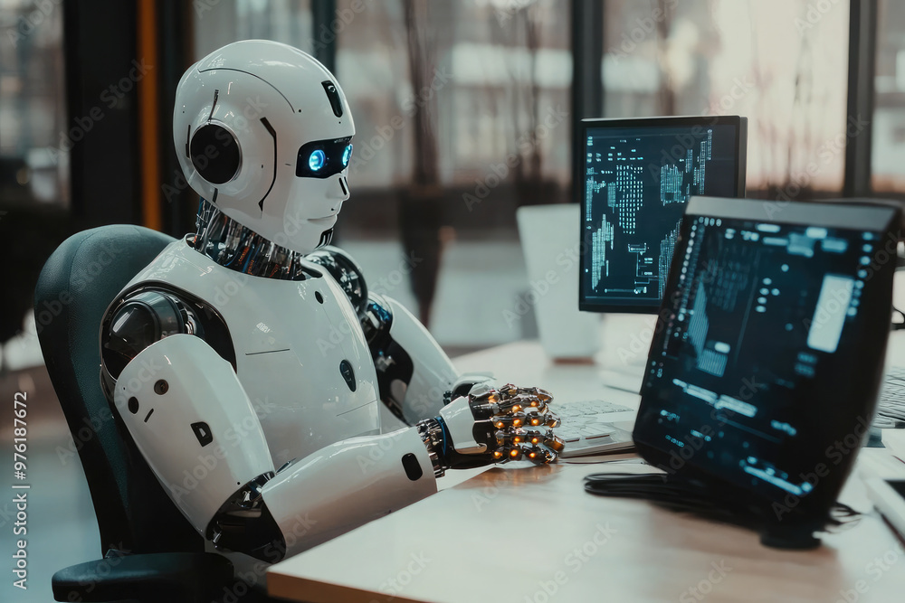 A confident humanoid robot in a modern office with an advanced data display, symbolizing futuristic innovation and automation in business and technology. The cityscape is visible through the window. A confident humanoid robot in a modern office with an advanced data display, symbolizing futuristic innovation and automation in business and technology. The cityscape is visible through the window.