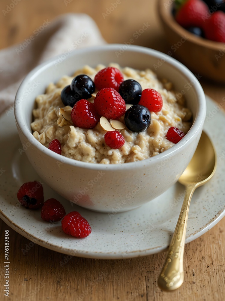 Riz au lait oatmeal with red fruits—strawberry and currant. Riz au lait oatmeal with red fruits—strawberry and currant.