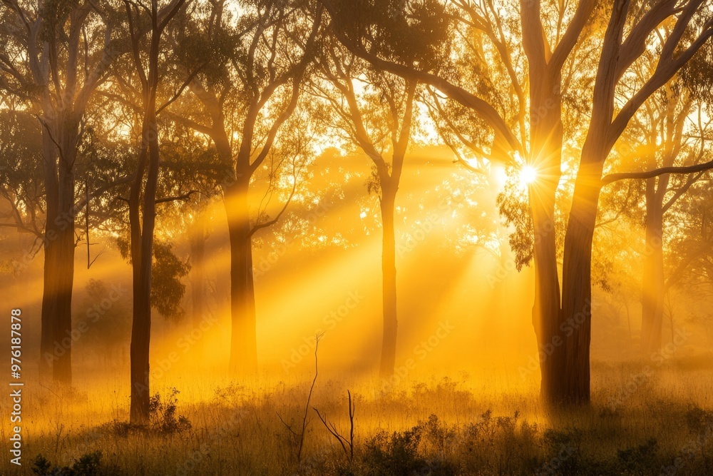 Sunrise casts golden light through eucalyptus trees in the misty outback Sunrise casts golden light through eucalyptus trees in the misty outback