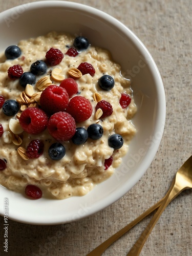 Riz au lait oatmeal with red fruits—strawberry and currant.