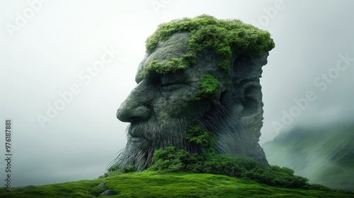 The serene scene features an enormous stone visage covered in lush greenery, gazing peacefully over a foggy valley, enveloped in the gentle light of dawn