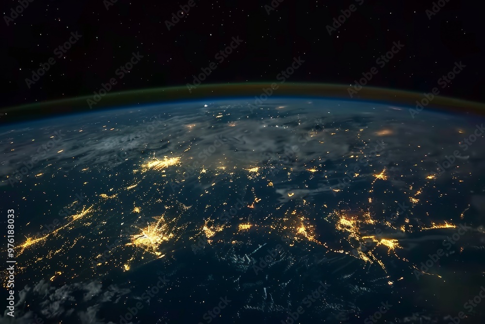 Obraz premium The captivating sight reveals Earth's surface shining with countless city lights against a backdrop of dark space, highlighting the planet's beauty and vibrant life below.