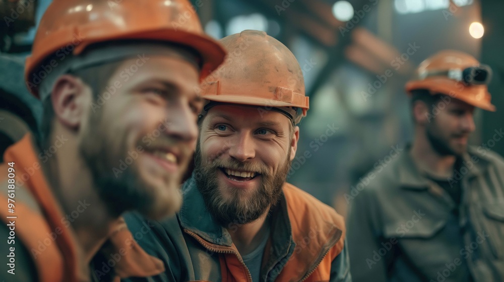 A group of construction workers wearing helmets share a light moment during their break inside a busy factory, exchanging smiles and discussing their projects amidst a busy atmosphere A group of construction workers wearing helmets share a light moment during their break inside a busy factory, exchanging smiles and discussing their projects amidst a busy atmosphere
