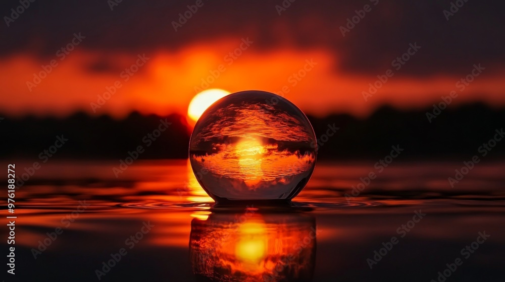 Glowing orb reflecting a vibrant orange-red sunset over a tranquil water surface Glowing orb reflecting a vibrant orange-red sunset over a tranquil water surface