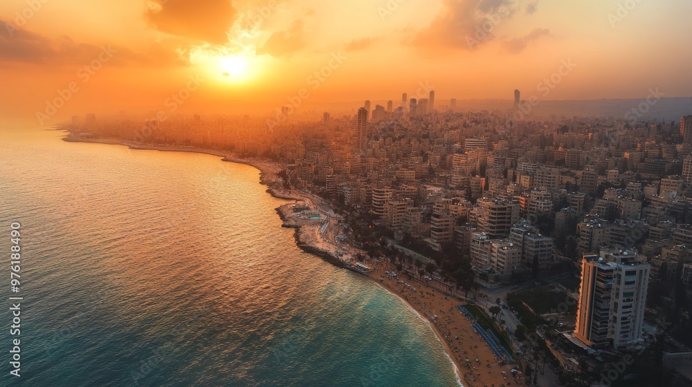 Aerial view of Amman’s beach during sunset with golden hour lighting and city skyline
